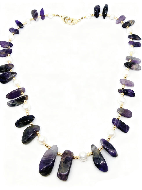 Natural Irregular Pearl & Purple Crystal Beaded Necklace – Effortless Elegance